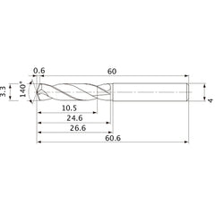 MVE0330X03S040 DP1020 3.3 mm Dia. × 4 mm Shank × 24.6 mm Flute Length × 60.6 mm OAL, 140°, 2 Flute, External Coolant, Solid Carbide Drill