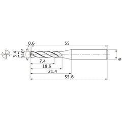 MVE0340X02S060 DP1020 3.4 mm Dia. × 6 mm Shank × 18.6 mm Flute Length × 55.6 mm OAL, 140°, 2 Flute, External Coolant, Solid Carbide Drill