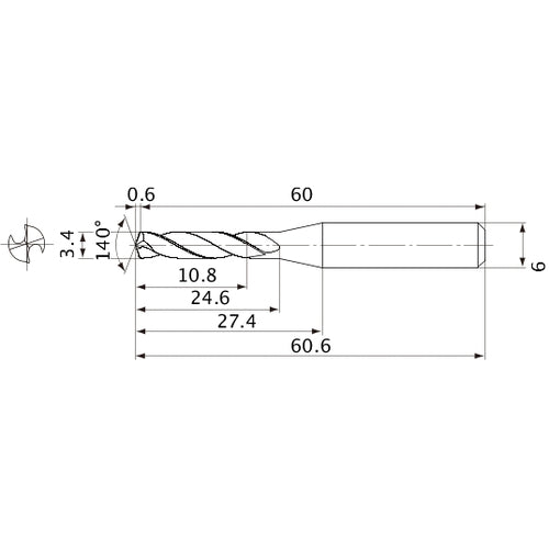 MVE0340X03S060 DP1020 3.4 mm Dia. × 6 mm Shank × 24.6 mm Flute Length × 60.6 mm OAL, 140°, 2 Flute, External Coolant, Solid Carbide Drill