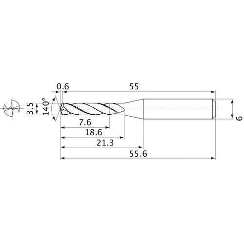 MVE0350X02S060 DP1020 3.5 mm Dia. × 6 mm Shank × 18.6 mm Flute Length × 55.6 mm OAL, 140°, 2 Flute, External Coolant, Solid Carbide Drill