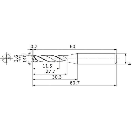 MVE0360X03S060 DP1020 3.6 mm Dia. × 6 mm Shank × 27.7 mm Flute Length × 60.7 mm OAL, 140°, 2 Flute, External Coolant, Solid Carbide Drill