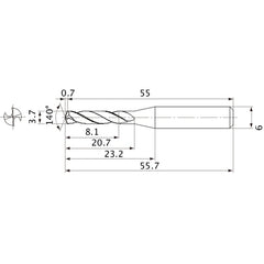 MVE0370X02S060 DP1020 3.7 mm Dia. × 6 mm Shank × 20.7 mm Flute Length × 55.7 mm OAL, 140°, 2 Flute, External Coolant, Solid Carbide Drill