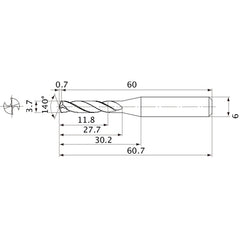 MVE0370X03S060 DP1020 3.7 mm Dia. × 6 mm Shank × 27.7 mm Flute Length × 60.7 mm OAL, 140°, 2 Flute, External Coolant, Solid Carbide Drill