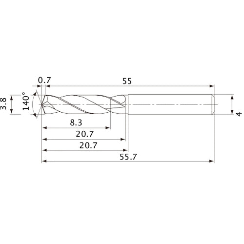 MVE0380X02S040 DP1020 3.8 mm Dia. × 4 mm Shank × 20.7 mm Flute Length × 55.7 mm OAL, 140°, 2 Flute, External Coolant, Solid Carbide Drill
