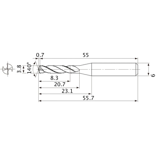 MVE0380X02S060 DP1020 3.8 mm Dia. × 6 mm Shank × 20.7 mm Flute Length × 55.7 mm OAL, 140°, 2 Flute, External Coolant, Solid Carbide Drill
