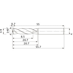 MVE0390X02S040 DP1020 3.9 mm Dia. × 4 mm Shank × 20.7 mm Flute Length × 55.7 mm OAL, 140°, 2 Flute, External Coolant, Solid Carbide Drill