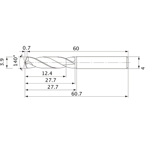 MVE0390X03S040 DP1020 3.9 mm Dia. × 4 mm Shank × 27.7 mm Flute Length × 60.7 mm OAL, 140°, 2 Flute, External Coolant, Solid Carbide Drill
