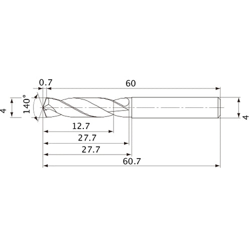 MVE0400X03S040 DP1020 4 mm Dia. × 4 mm Shank × 27.7 mm Flute Length × 60.7 mm OAL, 140°, 2 Flute, External Coolant, Solid Carbide Drill