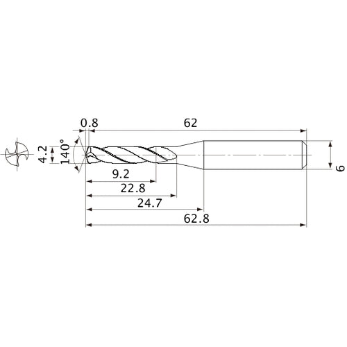 MVE0420X02S060 DP1020 4.2 mm Dia. × 6 mm Shank × 22.8 mm Flute Length × 62.8 mm OAL, 140°, 2 Flute, External Coolant, Solid Carbide Drill