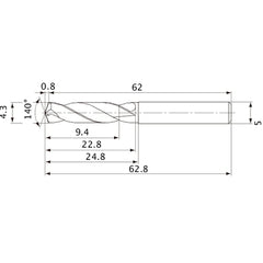 MVE0430X02S050 DP1020 4.3 mm Dia. × 5 mm Shank × 22.8 mm Flute Length × 62.8 mm OAL, 140°, 2 Flute, External Coolant, Solid Carbide Drill