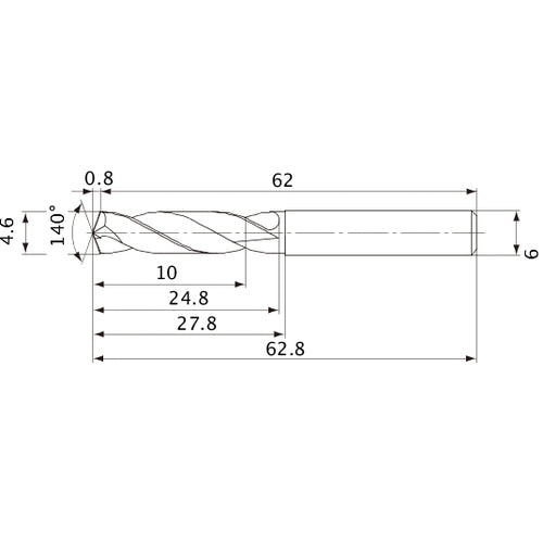 MVE0460X02S060 DP1020 4.6 mm Dia. × 6 mm Shank × 24.8 mm Flute Length × 62.8 mm OAL, 140°, 2 Flute, External Coolant, Solid Carbide Drill