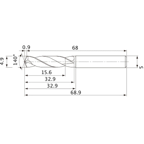 MVE0490X03S050 DP1020 4.9 mm Dia. × 5 mm Shank × 32.9 mm Flute Length × 68.9 mm OAL, 140°, 2 Flute, External Coolant, Solid Carbide Drill