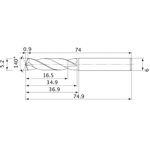 MVE0520X03S060 DP1020 5.2 mm Dia. × 6 mm Shank × 34.9 mm Flute Length × 74.9 mm OAL, 140°, 2 Flute, External Coolant, Solid Carbide Drill