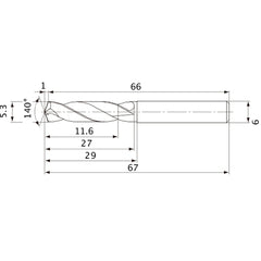 MVE0530X02S060 DP1020 5.3 mm Dia. × 6 mm Shank × 27 mm Flute Length × 67 mm OAL, 140°, 2 Flute, External Coolant, Solid Carbide Drill