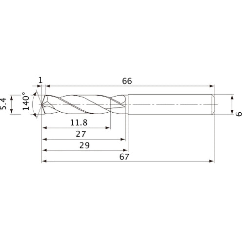 MVE0540X02S060 DP1020 5.4 mm Dia. × 6 mm Shank × 27 mm Flute Length × 67 mm OAL, 140°, 2 Flute, External Coolant, Solid Carbide Drill