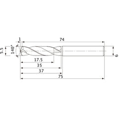 MVE0550X03S060 DP1020 5.5 mm Dia. × 6 mm Shank × 35 mm Flute Length × 75 mm OAL, 140°, 2 Flute, External Coolant, Solid Carbide Drill
