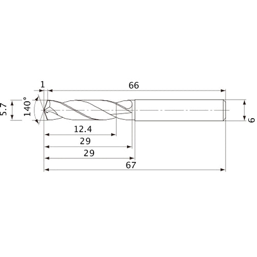 MVE0570X02S060 DP1020 5.7 mm Dia. × 6 mm Shank × 29 mm Flute Length × 67 mm OAL, 140°, 2 Flute, External Coolant, Solid Carbide Drill