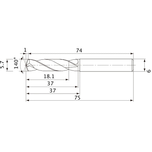 MVE0570X03S060 DP1020 5.7 mm Dia. × 6 mm Shank × 37 mm Flute Length × 75 mm OAL, 140°, 2 Flute, External Coolant, Solid Carbide Drill