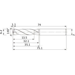 MVE0620X02S070 DP1020 6.2 mm Dia. × 7 mm Shank × 32.1 mm Flute Length × 75.1 mm OAL, 140°, 2 Flute, External Coolant, Solid Carbide Drill