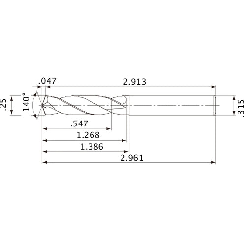 MVE0635X02S080 DP1020 1/4″ Dia. × 0.315″ Shank × 1.268″ Flute Length × 2.961″ OAL, 140°, 2 Flute, External Coolant, Solid Carbide Drill