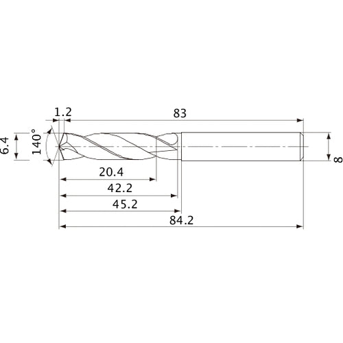 MVE0640X03S080 DP1020 6.4 mm Dia. × 8 mm Shank × 42.2 mm Flute Length × 84.2 mm OAL, 140°, 2 Flute, External Coolant, Solid Carbide Drill