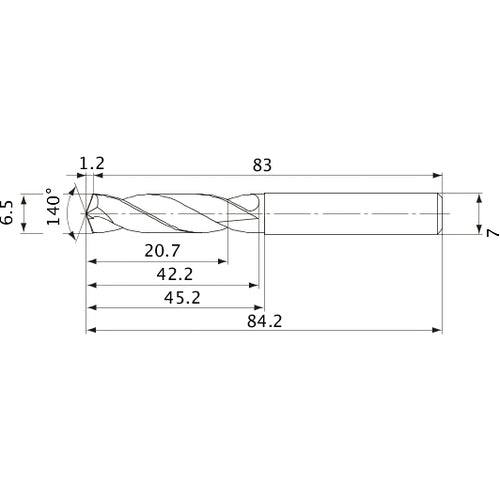 MVE0650X03S070 DP1020 6.5 mm Dia. × 7 mm Shank × 42.2 mm Flute Length × 84.2 mm OAL, 140°, 2 Flute, External Coolant, Solid Carbide Drill