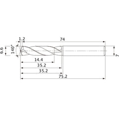 MVE0660X02S070 DP1020 6.6 mm Dia. × 7 mm Shank × 35.2 mm Flute Length × 75.2 mm OAL, 140°, 2 Flute, External Coolant, Solid Carbide Drill