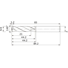 MVE0660X03S070 DP1020 6.6 mm Dia. × 7 mm Shank × 44.2 mm Flute Length × 84.2 mm OAL, 140°, 2 Flute, External Coolant, Solid Carbide Drill