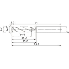MVE0670X02S070 DP1020 6.7 mm Dia. × 7 mm Shank × 35.2 mm Flute Length × 75.2 mm OAL, 140°, 2 Flute, External Coolant, Solid Carbide Drill