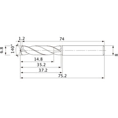 MVE0680X02S080 DP1020 6.8 mm Dia. × 8 mm Shank × 35.2 mm Flute Length × 75.2 mm OAL, 140°, 2 Flute, External Coolant, Solid Carbide Drill