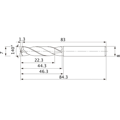 MVE0700X03S080 DP1020 7 mm Dia. × 8 mm Shank × 44.3 mm Flute Length × 84.3 mm OAL, 140°, 2 Flute, External Coolant, Solid Carbide Drill