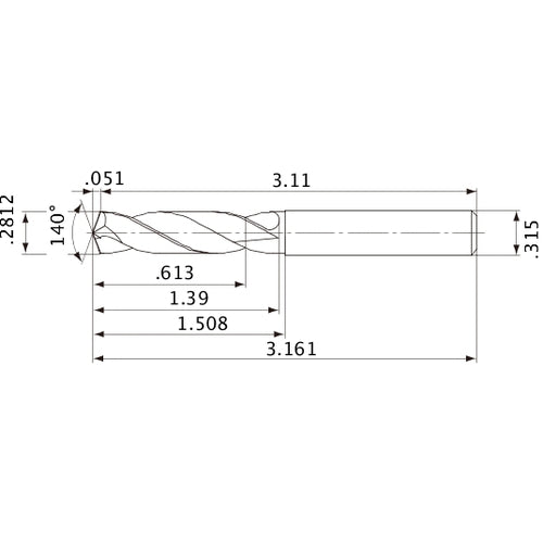 MVE0714X02S080 DP1020 0.2812″ Dia. × 0.315″ Shank × 1.39″ Flute Length × 3.161″ OAL, 140°, 2 Flute, External Coolant, Solid Carbide Drill