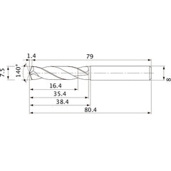 MVE0750X02S080 DP1020 7.5 mm Dia. × 8 mm Shank × 35.4 mm Flute Length × 80.4 mm OAL, 140°, 2 Flute, External Coolant, Solid Carbide Drill