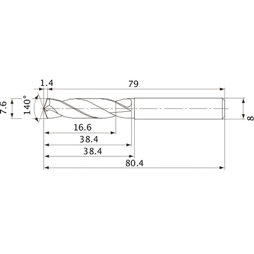 MVE0760X02S080 DP1020 7.6 mm Dia. × 8 mm Shank × 38.4 mm Flute Length × 80.4 mm OAL, 140°, 2 Flute, External Coolant, Solid Carbide Drill