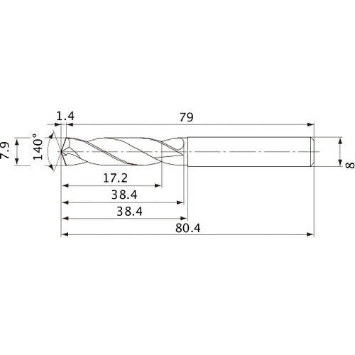 MVE0790X02S080 DP1020 7.9 mm Dia. × 8 mm Shank × 38.4 mm Flute Length × 80.4 mm OAL, 140°, 2 Flute, External Coolant, Solid Carbide Drill