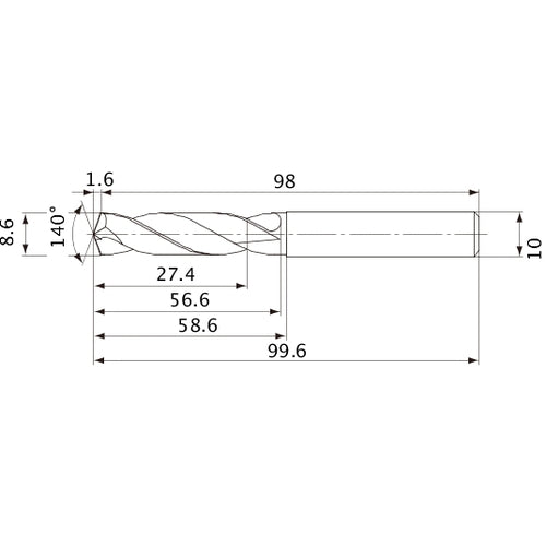 MVE0860X03S100 DP1020 8.6 mm Dia. × 10 mm Shank × 56.6 mm Flute Length × 99.6 mm OAL, 140°, 2 Flute, External Coolant, Solid Carbide Drill