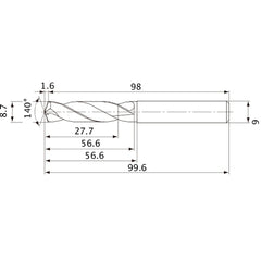 MVE0870X03S090 DP1020 8.7 mm Dia. × 9 mm Shank × 56.6 mm Flute Length × 99.6 mm OAL, 140°, 2 Flute, External Coolant, Solid Carbide Drill