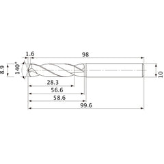 MVE0890X03S100 DP1020 8.9 mm Dia. × 10 mm Shank × 56.6 mm Flute Length × 99.6 mm OAL, 140°, 2 Flute, External Coolant, Solid Carbide Drill