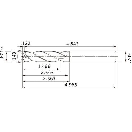 MVE1707X02S180 DP1020 0.6719″ Dia. × 0.709″ Shank × 2.563″ Flute Length × 4.965″ OAL, 140°, 2 Flute, External Coolant, Solid Carbide Drill