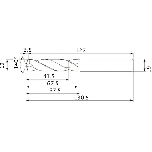 MVE1900X02S190 DP1020 19 mm Dia. × 19 mm Shank × 67.5 mm Flute Length × 130.5 mm OAL, 140°, 2 Flute, External Coolant, Solid Carbide Drill