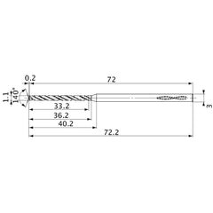 MVS0110X30S030 DP1020 1.1 mm Dia. × 3 mm Shank × 36.2 mm Flute Length × 72.2 mm OAL, 140°, 2 Flute, Coolant Thru, Solid Carbide Drill