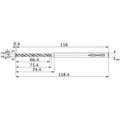 MVS0220X30S030 DP1020 2.2 mm Dia. × 3 mm Shank × 73.4 mm Flute Length × 118.4 mm OAL, 140°, 2 Flute, Coolant Thru, Solid Carbide Drill