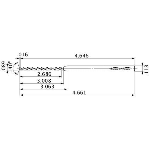 MVS0226X30S030 DP1020 0.089″ Dia. × 0.118″ Shank × 3.008″ Flute Length × 4.661″ OAL, 140°, 2 Flute, Coolant Thru, Solid Carbide Drill