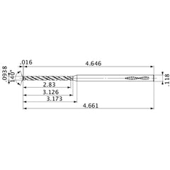 MVS0238X30S030 DP1020 0.0938″ Dia. × 0.118″ Shank × 3.126″ Flute Length × 4.661″ OAL, 140°, 2 Flute, Coolant Thru, Solid Carbide Drill