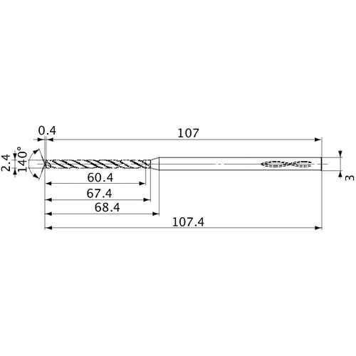 MVS0240X25S030 DP1020 2.4 mm Dia. × 3 mm Shank × 67.4 mm Flute Length × 107.4 mm OAL, 140°, 2 Flute, Coolant Thru, Solid Carbide Drill