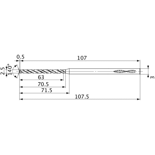 MVS0250X25S030 DP1020 2.5 mm Dia. × 3 mm Shank × 70.5 mm Flute Length × 107.5 mm OAL, 140°, 2 Flute, Coolant Thru, Solid Carbide Drill