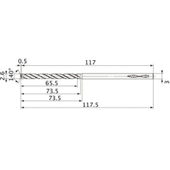 MVS0260X25S030 DP1020 2.6 mm Dia. × 3 mm Shank × 73.5 mm Flute Length × 117.5 mm OAL, 140°, 2 Flute, Coolant Thru, Solid Carbide Drill