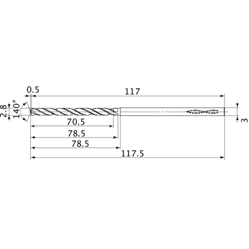 MVS0280X25S030 DP1020 2.8 mm Dia. × 3 mm Shank × 78.5 mm Flute Length × 117.5 mm OAL, 140°, 2 Flute, Coolant Thru, Solid Carbide Drill