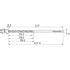MVS0280X25S030 DP1020 2.8 mm Dia. × 3 mm Shank × 78.5 mm Flute Length × 117.5 mm OAL, 140°, 2 Flute, Coolant Thru, Solid Carbide Drill