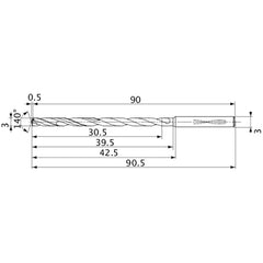 MVS0300X10S030 DP1020 3 mm Dia. × 3 mm Shank × 39.5 mm Flute Length × 90.5 mm OAL, 140°, 2 Flute, Coolant Thru, Solid Carbide Drill